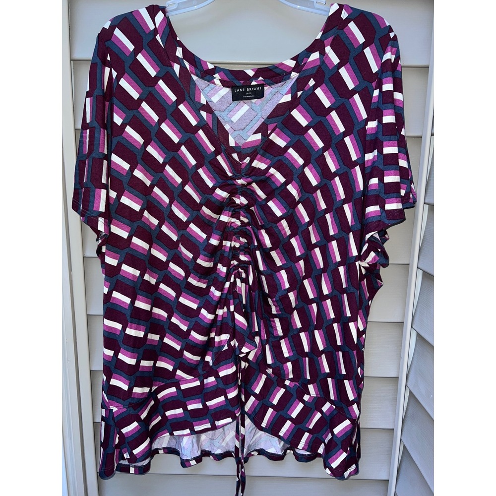 Lane Bryant Geometric Ruched Front Drawstring Top Burgundy Pink W size 26/28‎